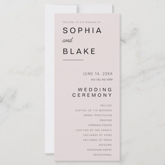 Einfaches Minimalistisch-rosa-graues Hochzeitsprog (Vorderseite)