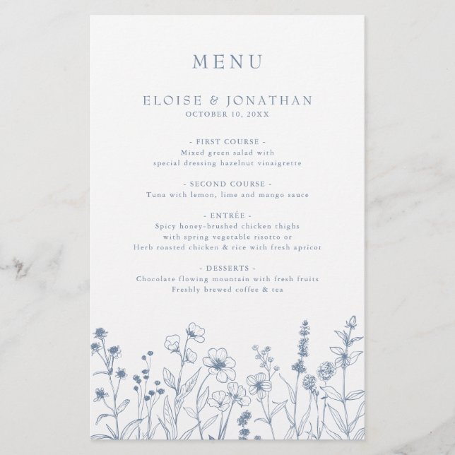 Einfaches Minimalistisches Blue Wildblume Wedding  (Vorderseite)