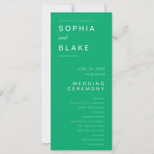 Einfaches Minimalistisches Jade Green Wedding Prog (Vorderseite)
