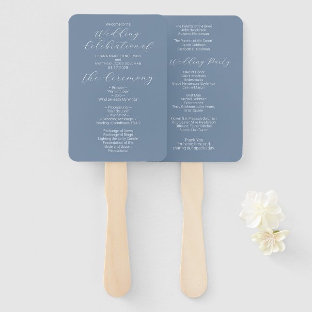 Einfaches minimalistisches staubblaues Hochzeitspr Fächer (Vorne und Hinten)