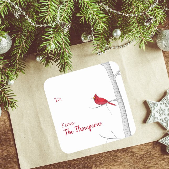 Einfaches Minimalistisches Watercolor Roter Kardin Quadratischer Aufkleber (Simple winter red cardinal to and from large sticker label.)