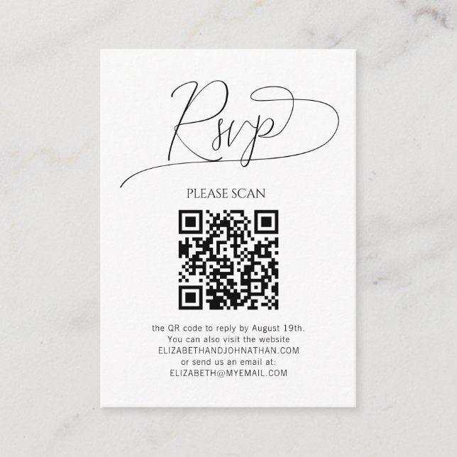 Einfaches Minimum an Skript QR Code Hochzeit RSVP Begleitkarte (Vorderseite)