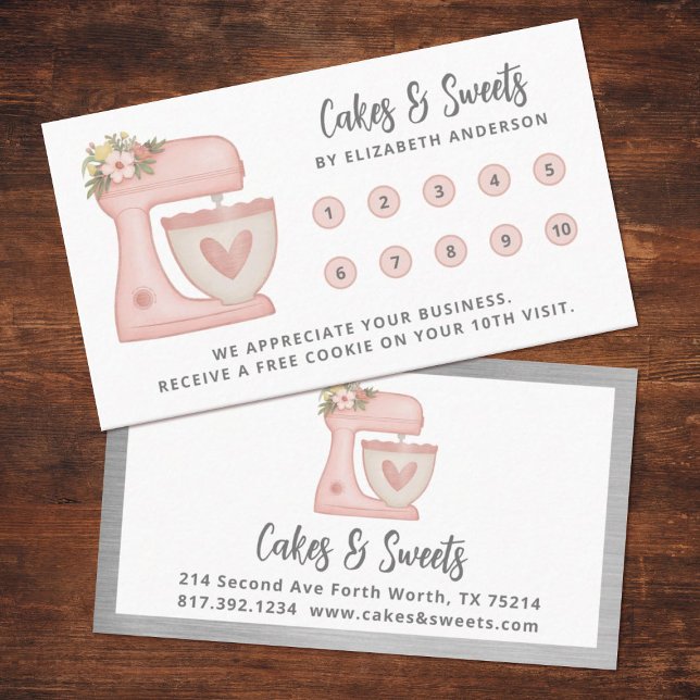 Einfaches Mixer Blumenbackwarengeschäft Treuekarte (cute pink mixer loyalty punch card. Personalize it for your business.)