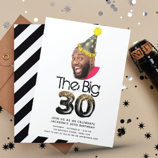Einfaches Modern 30. Geburtstag Foto Black Gold Einladung