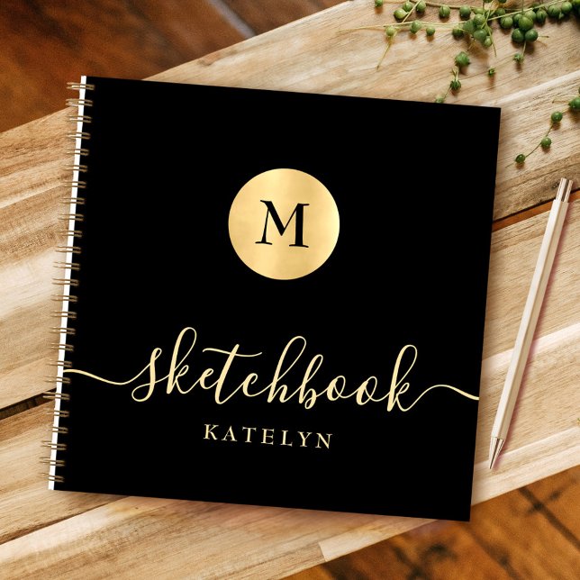 Einfaches Modern Black Gold Monogram Chic Sketchbo Notizbuch (Von Creator hochgeladen)