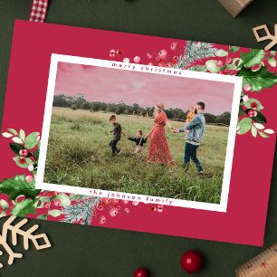 Einfaches Modern Christmas RED Magenta Foto Feiertagskarte