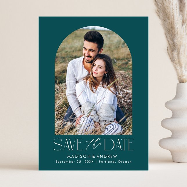 Einfaches modernes Aquamarin Arch-Foto Save The Date (Von Creator hochgeladen)