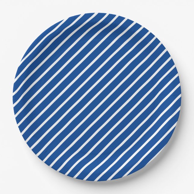 Einfaches, modernes Blau- und Weißstreifenmuster Pappteller (Vorderseite)