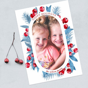 Einfaches, modernes Blue Holly Berries Foto Feiertagspostkarte