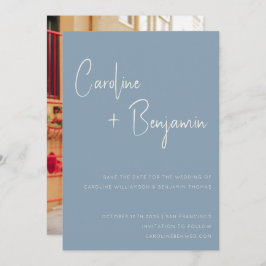 Einfaches, modernes Blue Script Foto Hochzeit Save The Date