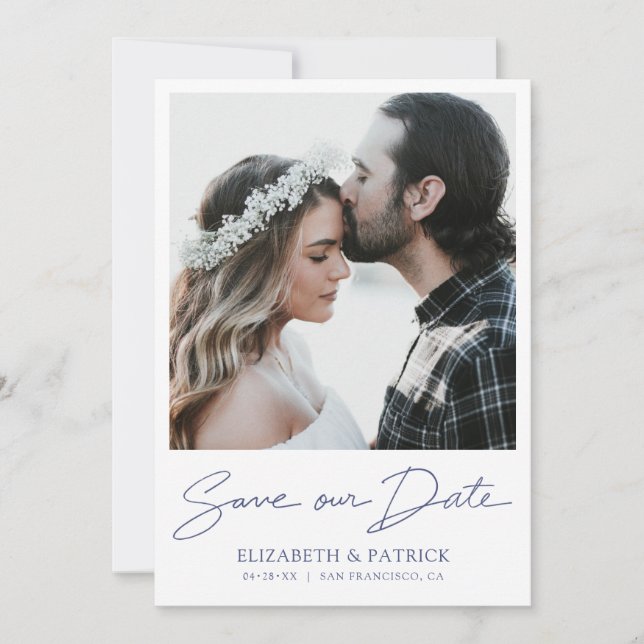 Einfaches, modernes Blue Script-Foto Save the Date (Vorderseite)