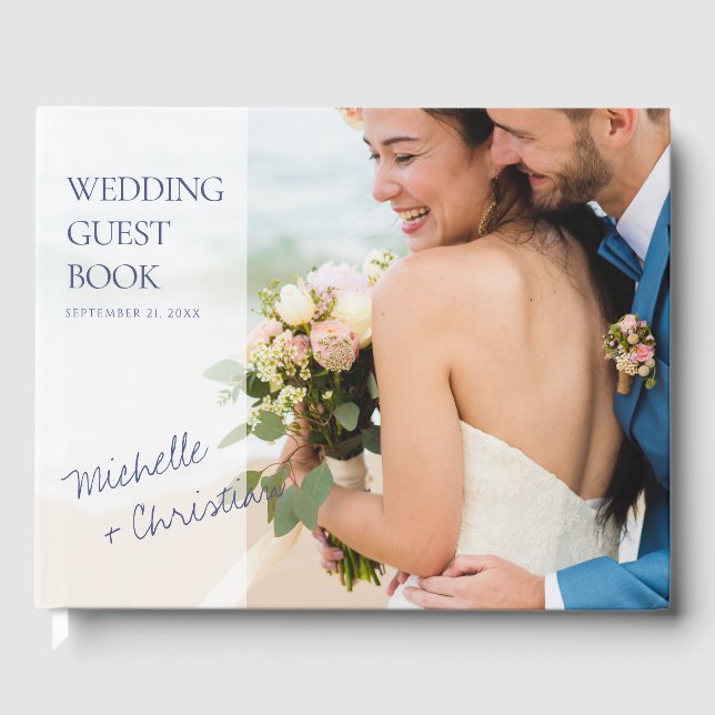 Einfaches, modernes Blue Text Foto Wedding Guest B Gästebuch (Vorderseite)