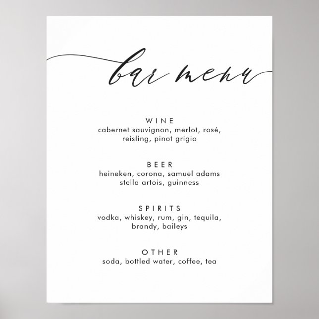 Einfaches, modernes Calligrafy Bar Menu-Zeichen Poster (Vorne)