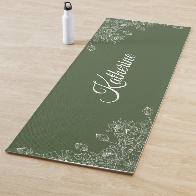 Einfaches modernes florales Skript Name Olivgrün L Yogamatte (Beispiel)