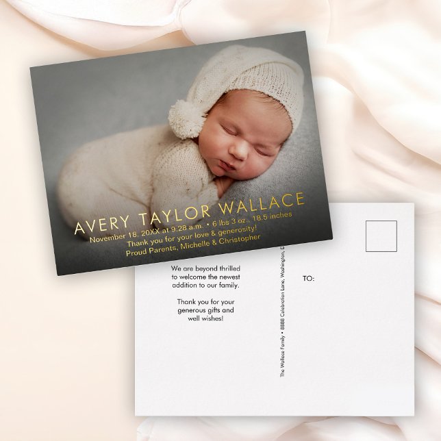Einfaches, modernes Foto mit individueller Babydus Folie Einladungspostkarte (Birth stats baby photo birth announcement thank you postcards)