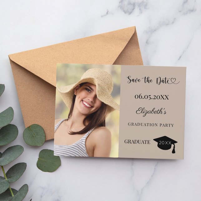 Einfaches modernes Foto Mocha Beige Abschluss Save The Date (Von Creator hochgeladen)