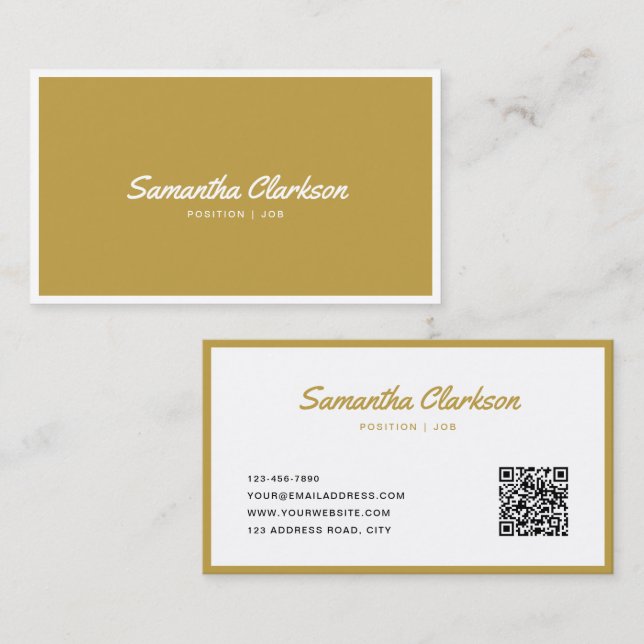 Einfaches, modernes Gold Curry Script Border QR Co Visitenkarte (Vorne/Hinten)