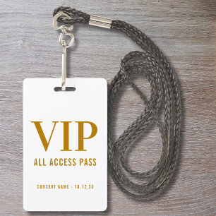 Einfaches Modernes Gold Schrift VIP All Access Pas Ausweis