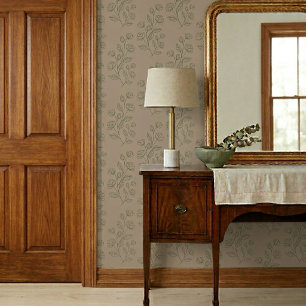 Einfaches, modernes, grünes Blumenmuster auf Taupe Tapete