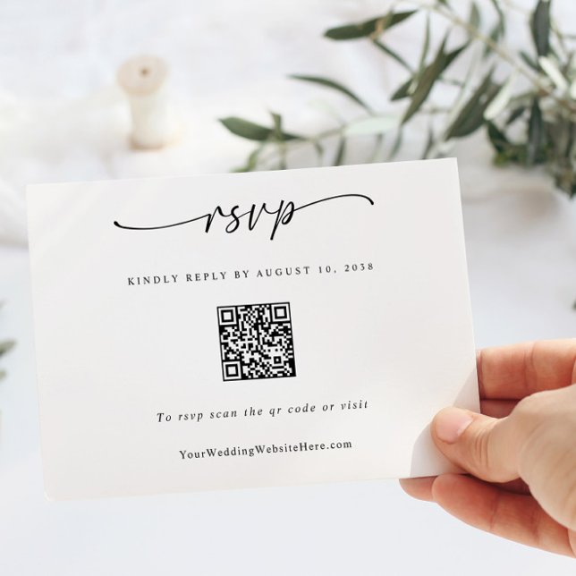 Einfaches, modernes Hochzeitstil-QR-Herz RSVP Karte (Simple Modern Wedding RSVP Card with QR Code and Fun Handwriting and Hand Drawn Heart on the Back)
