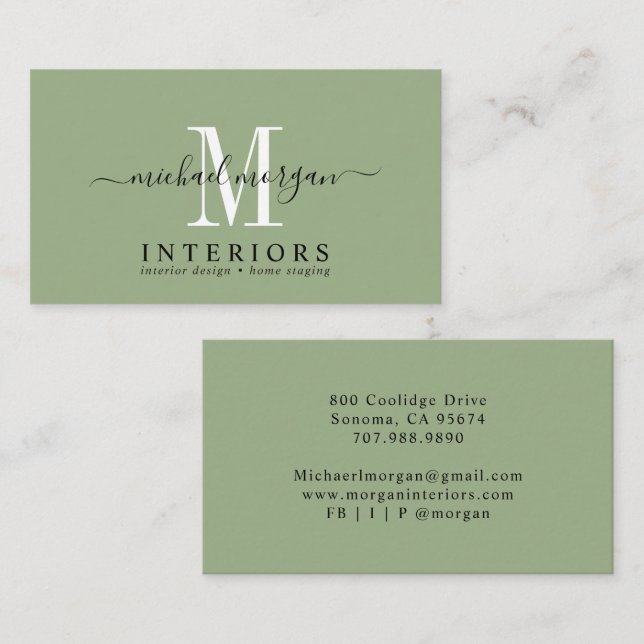 Einfaches modernes Innendesigner-Script Sage Green Visitenkarte (Vorne/Hinten)