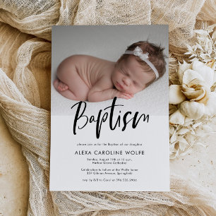 Einfaches modernes Kalligrafie-Taufbein-Foto Einladung