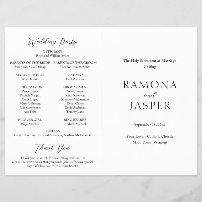 Einfaches, modernes katholisches Hochzeitsprogramm (Vorne)