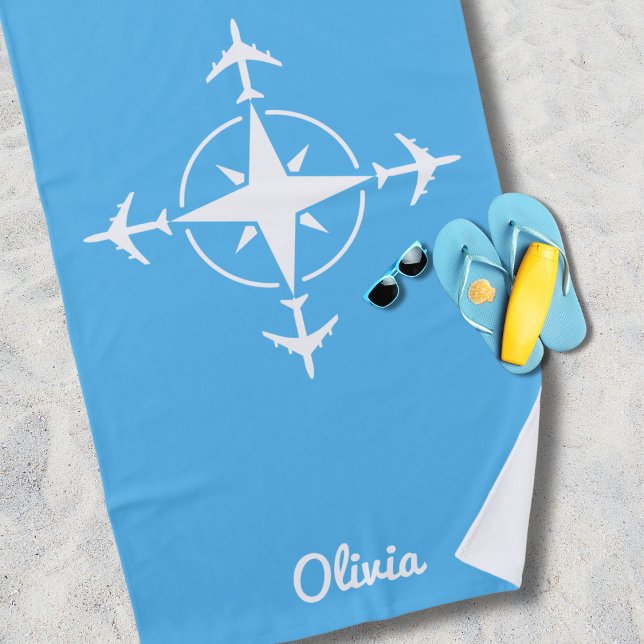 Einfaches modernes Kompass- und Flugzeug-Reise-Cus Strandtuch (Von Creator hochgeladen)