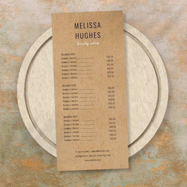 Einfaches, modernes Menü des Kraft Salon Service (Simple Modern Rustic Kraft Salon Service Menu)