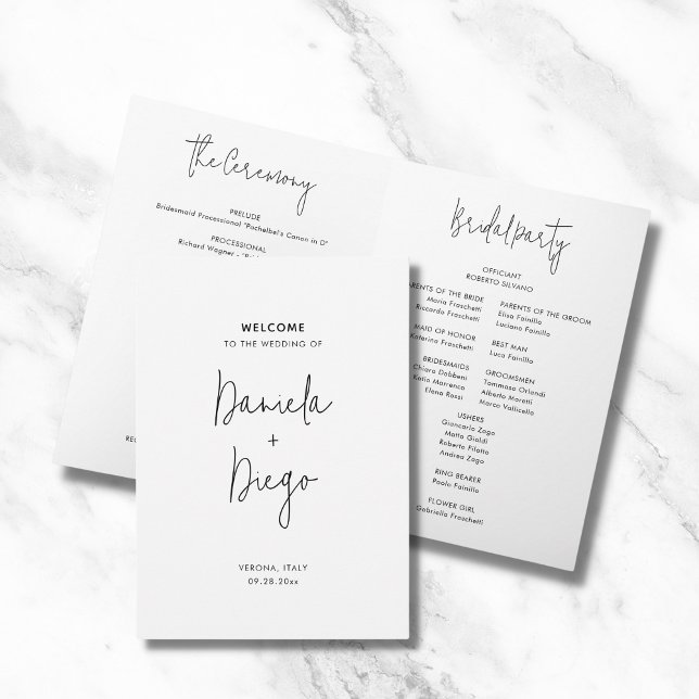 Einfaches modernes Minimalistisches Hochzeitsprogr Programm (Simple, modern, minimalist, folded wedding program in classic black and white)