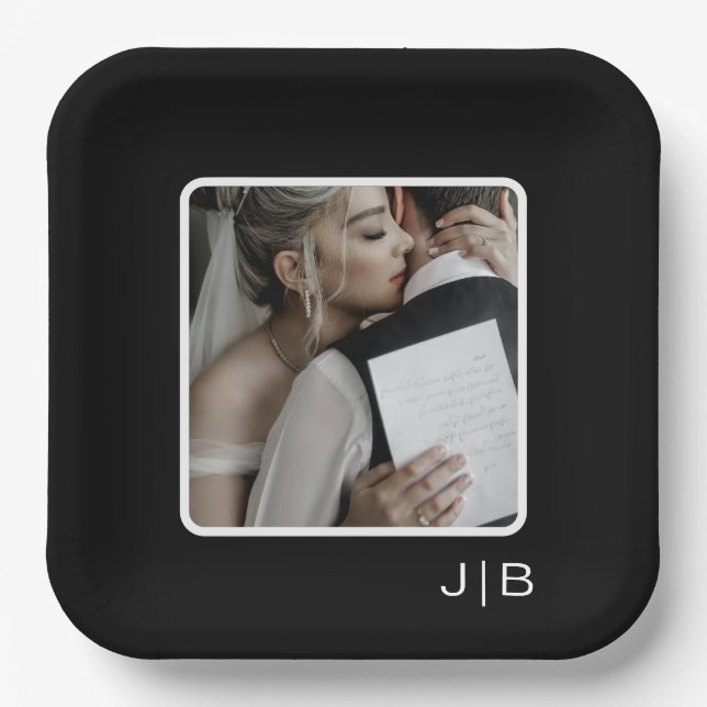 Einfaches modernes Schwarz-Weiß-Monogramm-Foto Pappteller (Vorderseite)