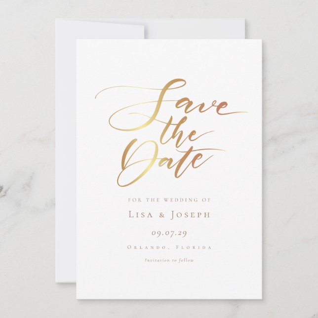 Einfaches, modernes Script Gold Save The Date (Vorderseite)