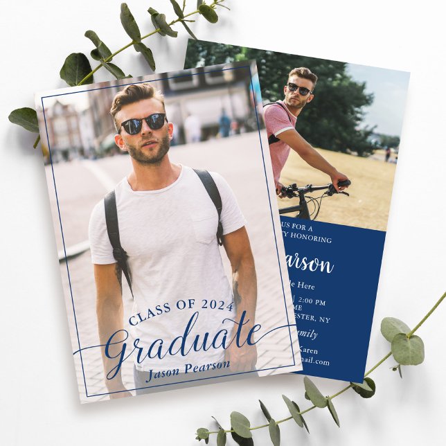 Einfaches, modernes Script Navy Blue Abschluss Fot Einladung (Von Creator hochgeladen)