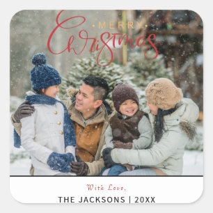 Einfaches, modernes Weihnachtsfamilien-Foto Quadratischer Aufkleber