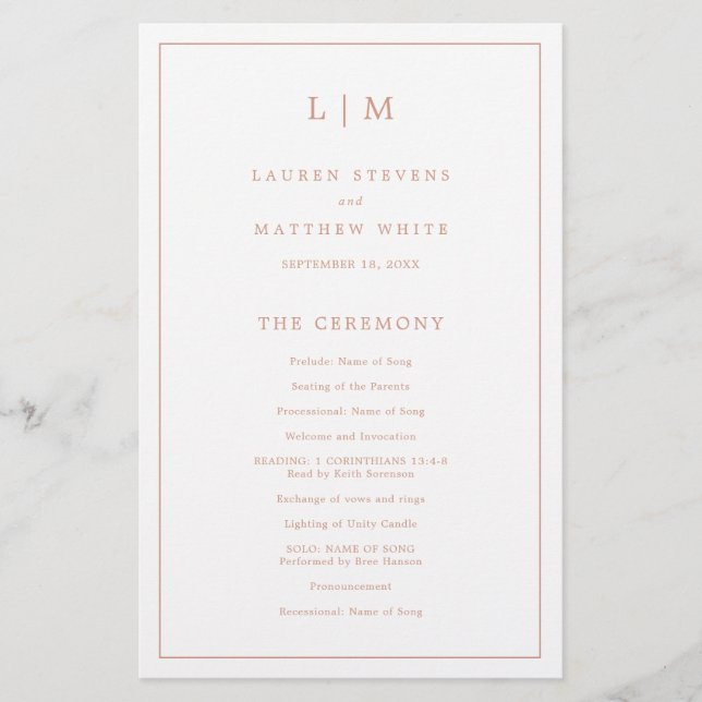 Einfaches Mongram Rose Gold Budget Hochzeitsprogra Flyer (Vorne)