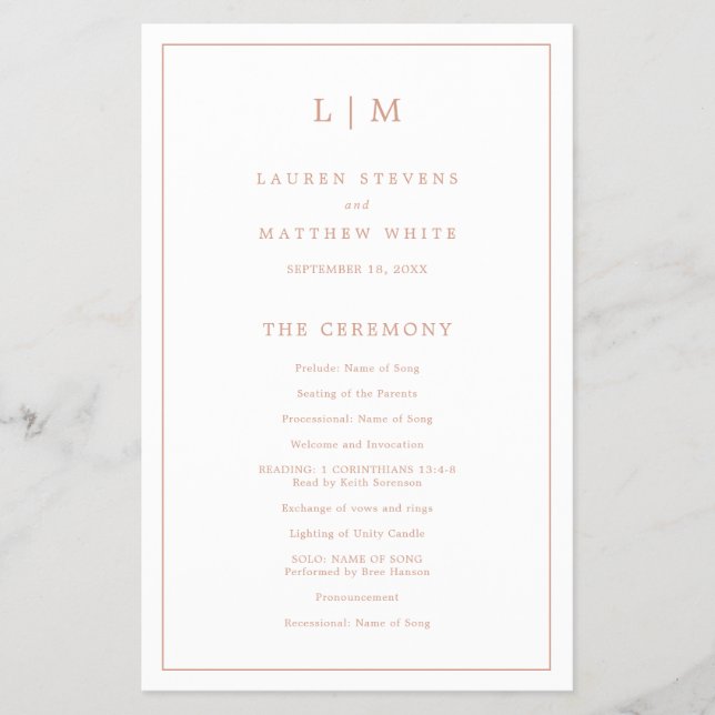 Einfaches Mongram Rose Gold Budget Hochzeitsprogra Flyer (Vorne)