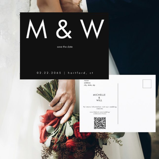 Einfaches Monogramm B/W QR-Code Save Date Ankündigungspostkarte (Von Creator hochgeladen)