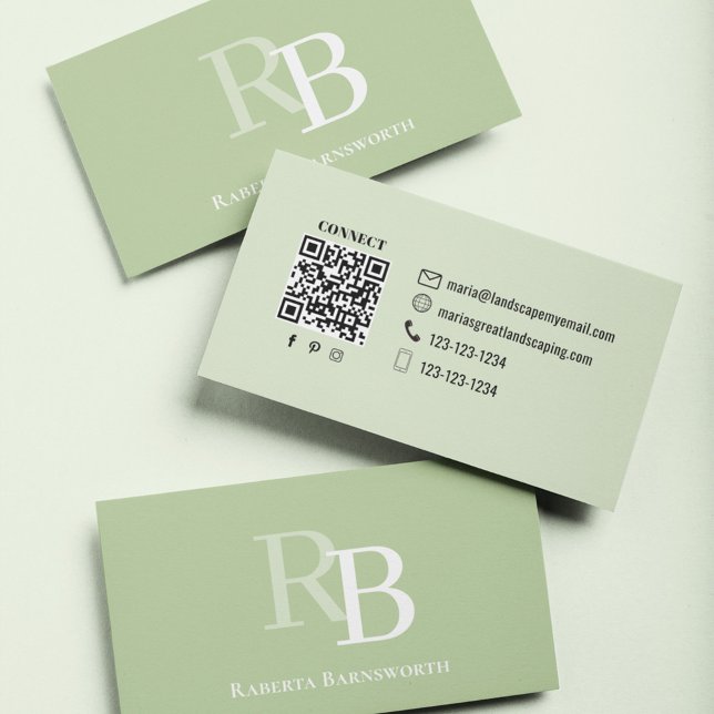 Einfaches Monogramm Grünes QR-Code | Verbinde dich Visitenkarte (Green monogram business card with simple two toned design.)
