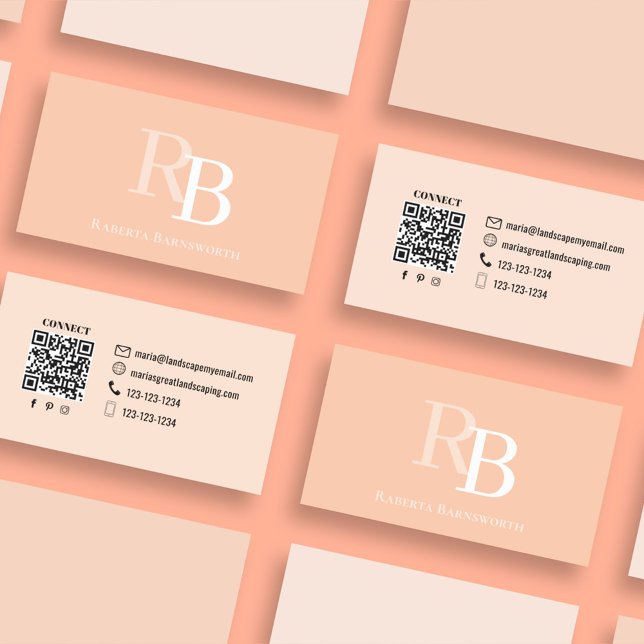 Einfaches Monogramm-Pfirsich-QR-Code | Vernetzen S Visitenkarte (Simple monogram business card with solid colored peach theme.)