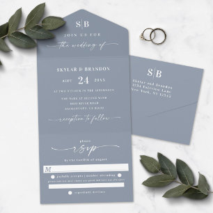 Einfaches Monogramm & Schriftart Staubblau Hochzei All In One Einladung