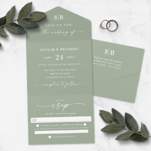 Einfaches Monogramm und Schriftblatt Grün Hochzeit All In One Einladung