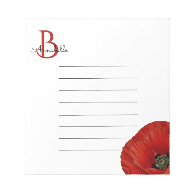 Einfaches monogrammiertes rotes Mohnblumenmuster  Notizblock (Vorderseite)