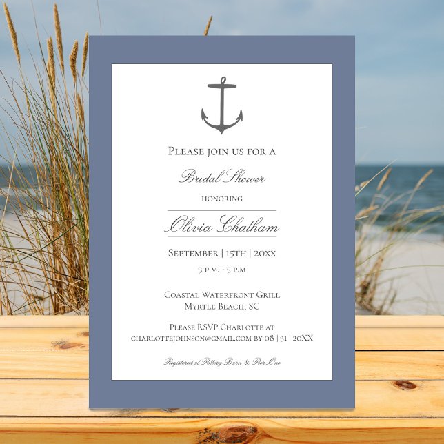 Einfaches Nautic Anchor-Brautparty | Dusty Blue Einladung (Dusty Blue Simple Nautical Anchor Bridal Shower Invitation)