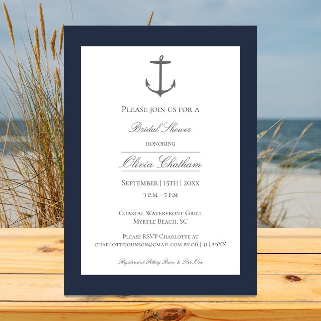 Einfaches Nautic Anchor-Brautparty | Marineblau Einladung (Navy Simple Nautical Anchor Bridal Shower Invitation)