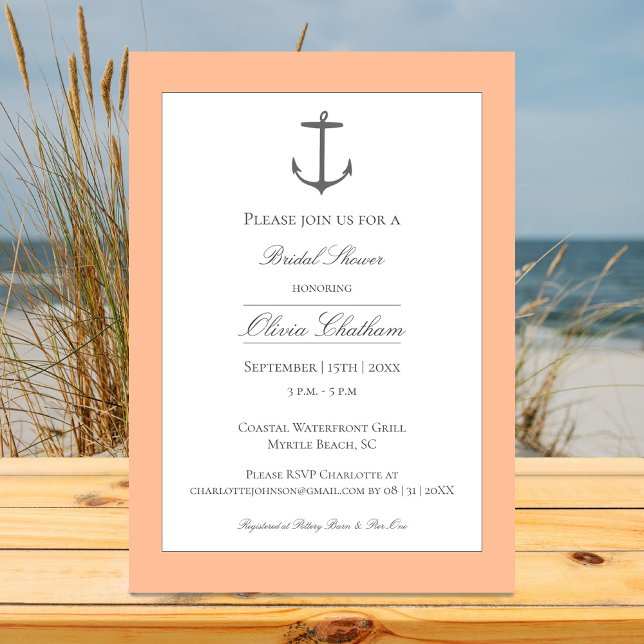 Einfaches Nautic Anchor-Brautparty | Pfirsich Einladung (Peach Fuzz Simple Nautical Anchor Bridal Shower Invitation)