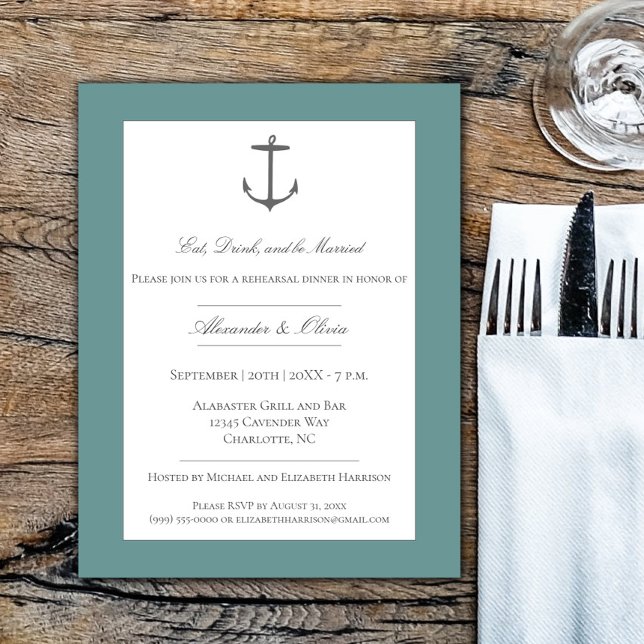 Einfaches Nautic Anchor Probe Dinner | AQUAMARIN Einladung (Teal Simple Nautical Anchor Rehearsal Dinner Invitation)