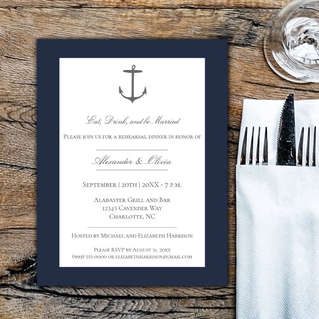 Einfaches Nautic Anchor Probe Dinner Navy Blue Einladung (Navy Simple Nautical Anchor Rehearsal Dinner Invitation)