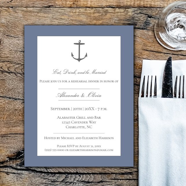 Einfaches Nautical Anchor Probe Dinner Blue Einladung (Dusty Blue Simple Nautical Anchor Rehearsal Dinner Invitation)