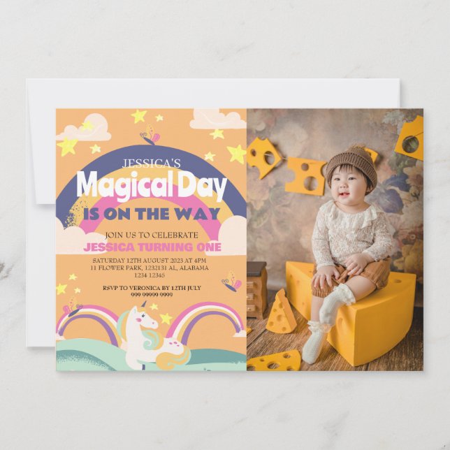 Einfaches Niedliches Girl Foto Unicorn Erstgeburte Einladung (Vorderseite)