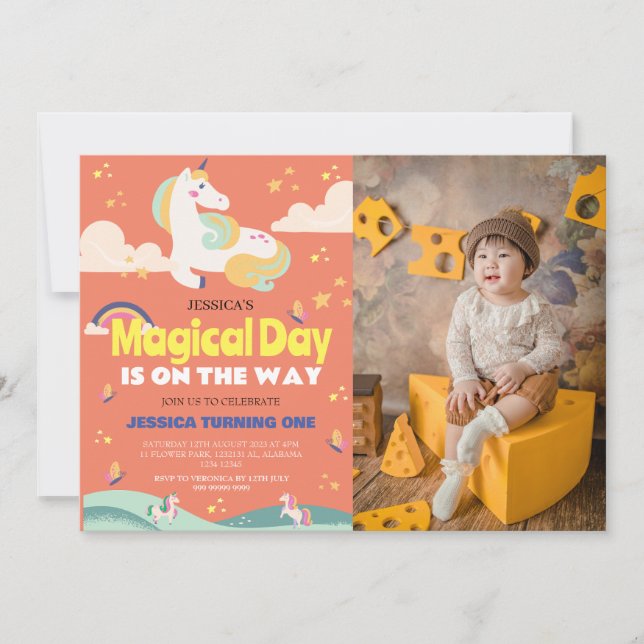 Einfaches Niedliches Girl Foto Unicorn Erstgeburte Einladung (Vorderseite)